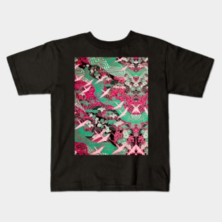 FLYING WHITE CRANES ON BLUE WATER AND SPRING FLOWERS Antique Red Teal Japanese Floral Kids T-Shirt